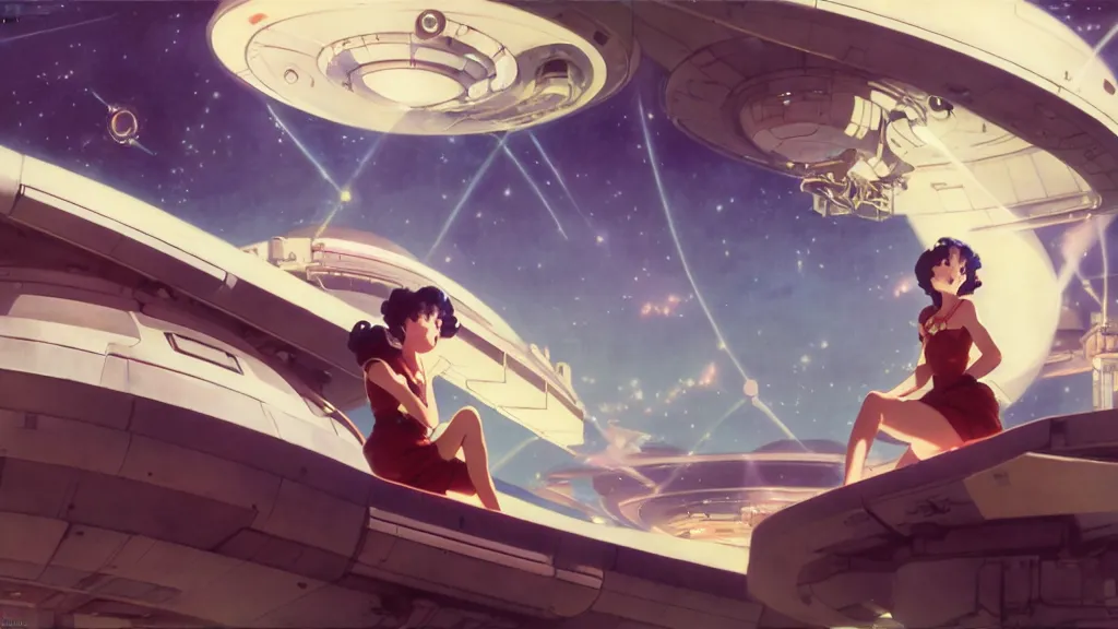 Prompt: a film still of a 1 9 5 0's sci fi anime girl sitting on the roof of flying ufo landing in hangar of giant spaceship, sharp face focus, full body mid shot, perfect art, trending on pixiv fanbox, painted by gaston bussiere, makoto shinkai, akihiko yoshida, gaston bussiere, craig mullins