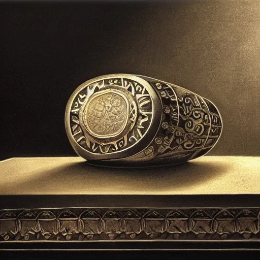 Prompt: in the center lays an ancient chromed artifact in the shape of a heavy signet ring, ornate with gentle iridescent shine from within. the ring lays on top of a pedestal. the pedestal is in front of a dark misty balcony at night. perspective from the side. realistic light and shadows. moody fantasy art, table still life renaissance pastel painting.