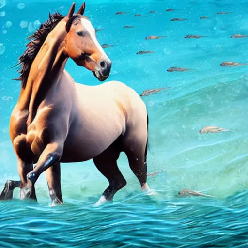 Image similar to horse swimming in the ocean with fork and knife, photorealistic, high detail