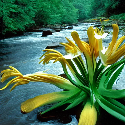 Prompt: cahaba river alabama, hymenocallis coronaria, kodak ektachrome e 1 0 0,