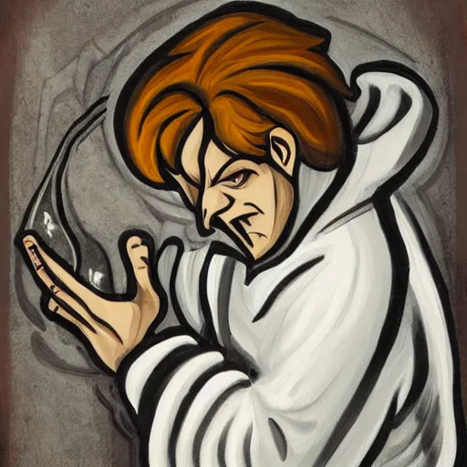 Image similar to a painting in gothic style of a guy with white hoodie pushing a big rock. modern clothes