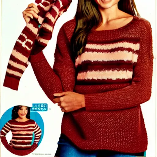 Prompt: model wearing a sweater of bacon weave!, product photo, jc penny catalog