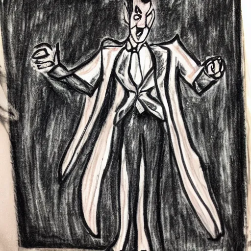 Image similar to hand-drawn doodle of Dracula using the toilet on the back of a napkin