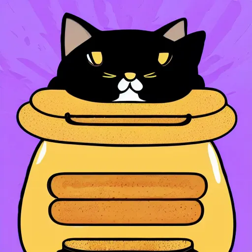 Image similar to obese cat sitting next to a slice of toast with indomie mi goreng noodles on top, traditional artstyle