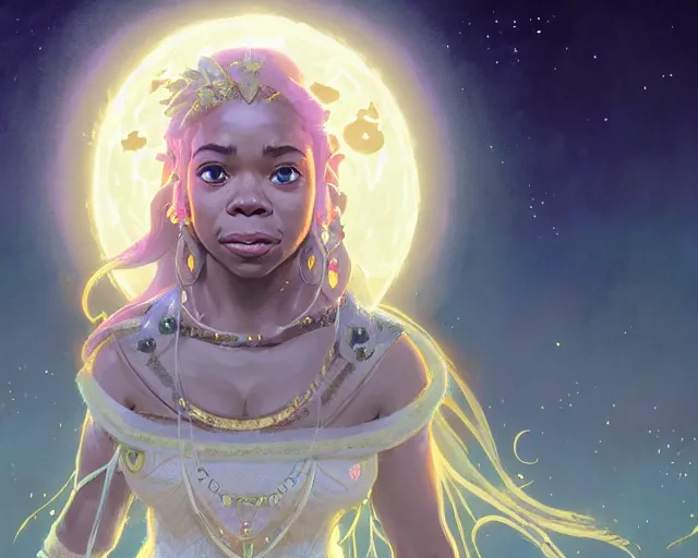 Image similar to highly detailed portrait of regina hall as a moon goddess in breath of the wild, stephen bliss, unreal engine, fantasy art by greg rutkowski, loish, rhads, ferdinand knab, makoto shinkai and lois van baarle, ilya kuvshinov, rossdraws, tom bagshaw, global illumination, radiant light, detailed and intricate environment