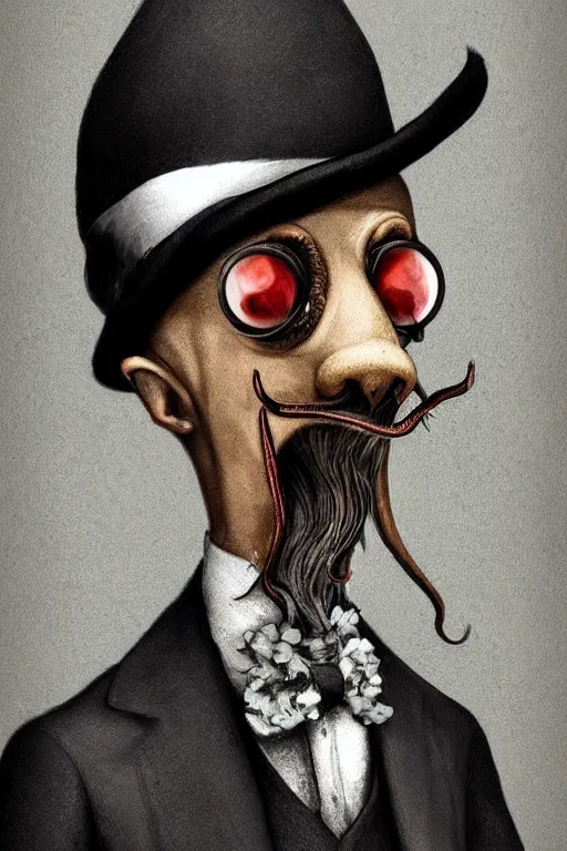 Prompt: a portrait of a handsome squid!!! wearing a monocle and a victorian suit, ( ( character concept art ) ), headshot, trending on artstation, wildlife photography of a cute spider squid