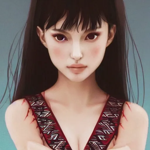 Image similar to a beautiful young japanese natalie portman alluring gravure model, wearing elegant designer overalls made by natives, elegant overalls with mesoamerican patterns, mesoamerican native street fashion, princess mononoke, by and wlop and ilya kuvshinov and artgerm and, aesthetic, gorgeous, stunning, alluring, attractive, artstation, pinterest, digital art