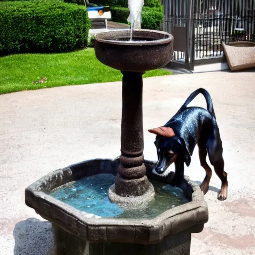 Prompt: a photo of a dog drinking from a fountain