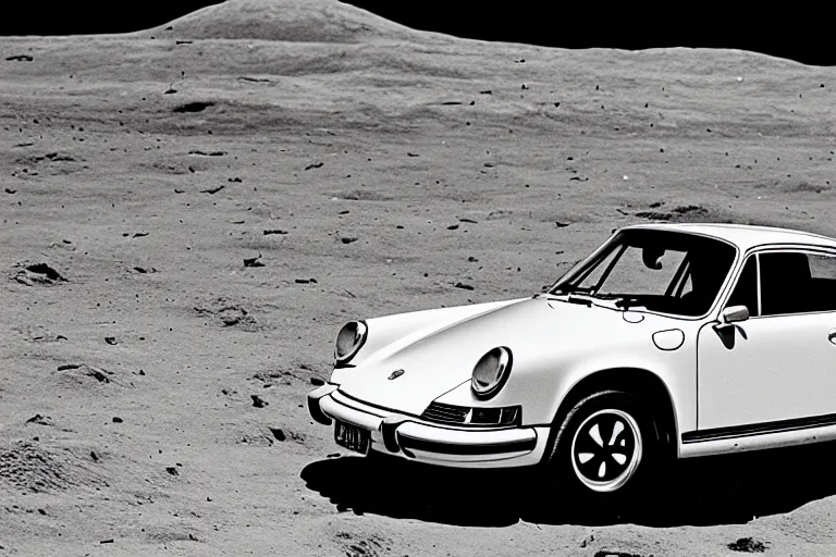 Image similar to vintage photo of a porsche 911 on the moon. apollo moon landing