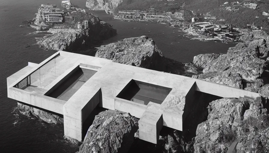 Image similar to big brutalist base perched on a cliff overlooking a magnificient bay, drawing architecture, pritzker architecture prize, greig fraser