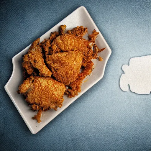 Image similar to chicken fried on a computer cpu chip plate, food, photograph, poster, orthographic