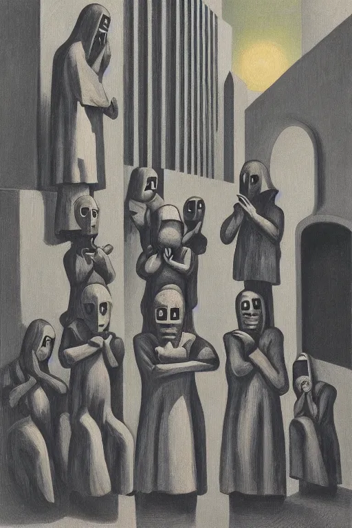 Image similar to fine illustration of five hooded disciples in masks praying to a fascist monument in a brutalist courtyard, lit from below, twilight, lowbrow surrealism, PJ Crook, Edward Hopper oil on canvas