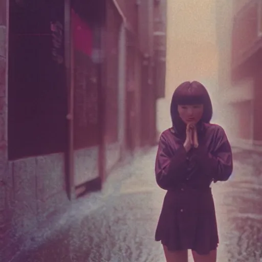 Image similar to 1990s perfect 8K HD professional cinematic photo of close-up japanese schoolgirl posing in dystopian alleyway with neon signs, at evening during rain, at instagram, Behance, Adobe Lightroom, with instagram filters, depth of field, taken with polaroid kodak portra