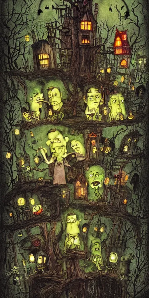 Prompt: a frankenstein scene by alexander jansson, joel fletcher, owen klatte, angie glocka, justin kohn, maurice sendak. halloween palette.