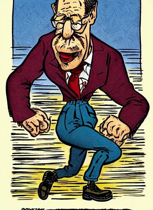 Image similar to caricature by robert crumb, graphic art on a plain background, subdued colors, detailed drawing