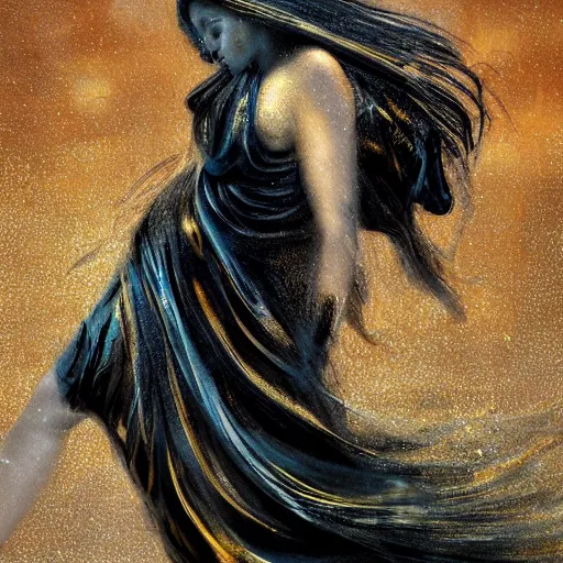 Image similar to filmstill, over the shoulder sketch photography of beautiful female body covered with swirling black translucent blanket blowing in wind, acrylic liquid colors, luxurious supermodel photoshooting, golden jewelry, bokeh, godrays, strong wind, wrinkles, sunrays, sunset, lens flares, monet, renoir, cold colors, concept art, abstract painting, sand dunes, melting victorian statue