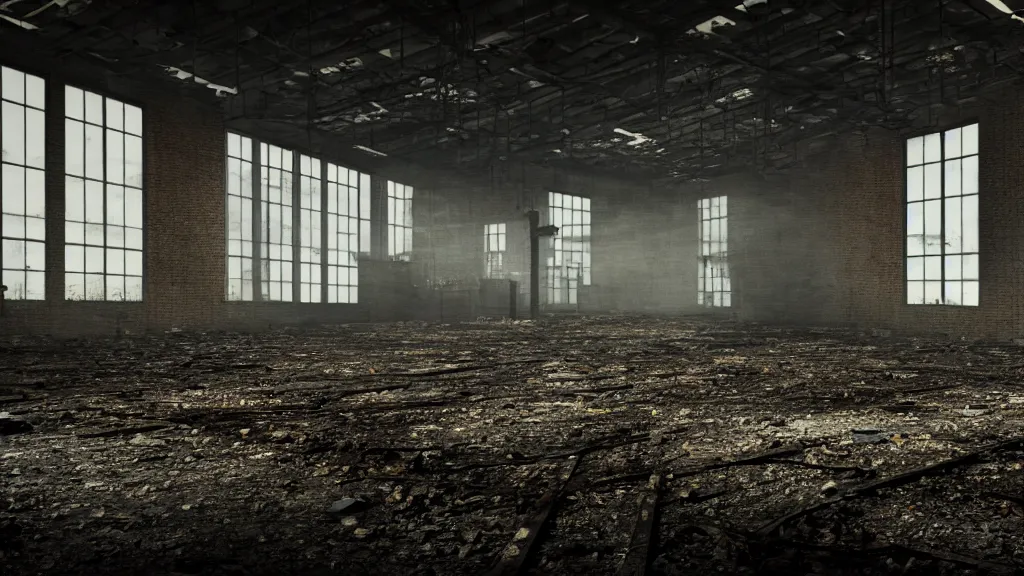 Prompt: abandoned factory, dimly lit, unknown figure lurking in background, unsettling, 4 k, photo realistic, creepy