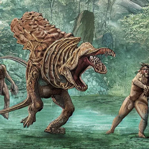 Image similar to A large dinosaur! fighting with several realistic detailed cavemen with proportioned bodies, next to the dinosaur are cavemen, the cavemen are armed with spears, the caveman are in a fighting stance, the cavemen are wearing animal furs, one caveman is stabbing the dinosaur with his spear, one caveman is cowering in fear, coarse canvas, visible brushstrokes, intricate, extremely detailed painting by William Turner (and by Greg Rutkowski)