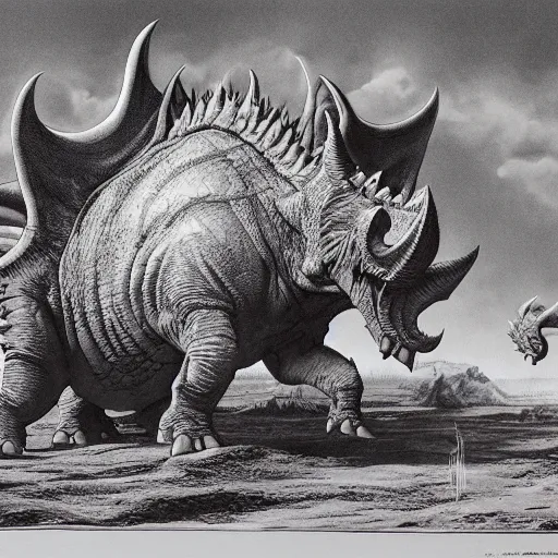 Prompt: a realistic triceratops concept art, by william stout and wayne barlowe
