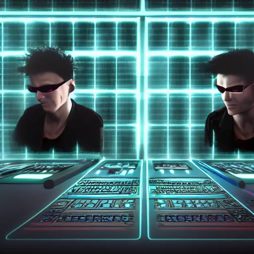 Prompt: twin brothers hacking into the mainframe of the matrix or whatever, in the style of jamie hewlett and riyoko ikeda, octane render