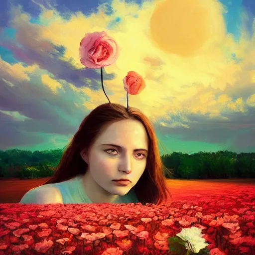 Image similar to giant rose flower as a head, full body girl sitting in a flower field, surreal photography, sunrise, dramatic light, impressionist painting, colorful clouds, digital painting, artstation, simon stalenhag