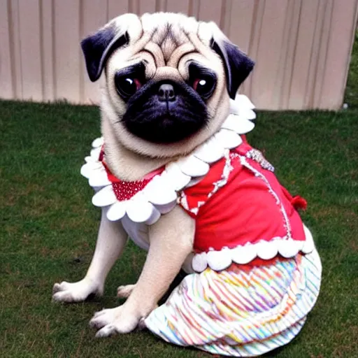 Image similar to pug dressed like dolly parton playing guitar