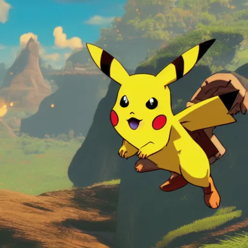 Prompt: Film still of Pikachu, from The Legend of Zelda: Breath of the Wild (2017 video game)