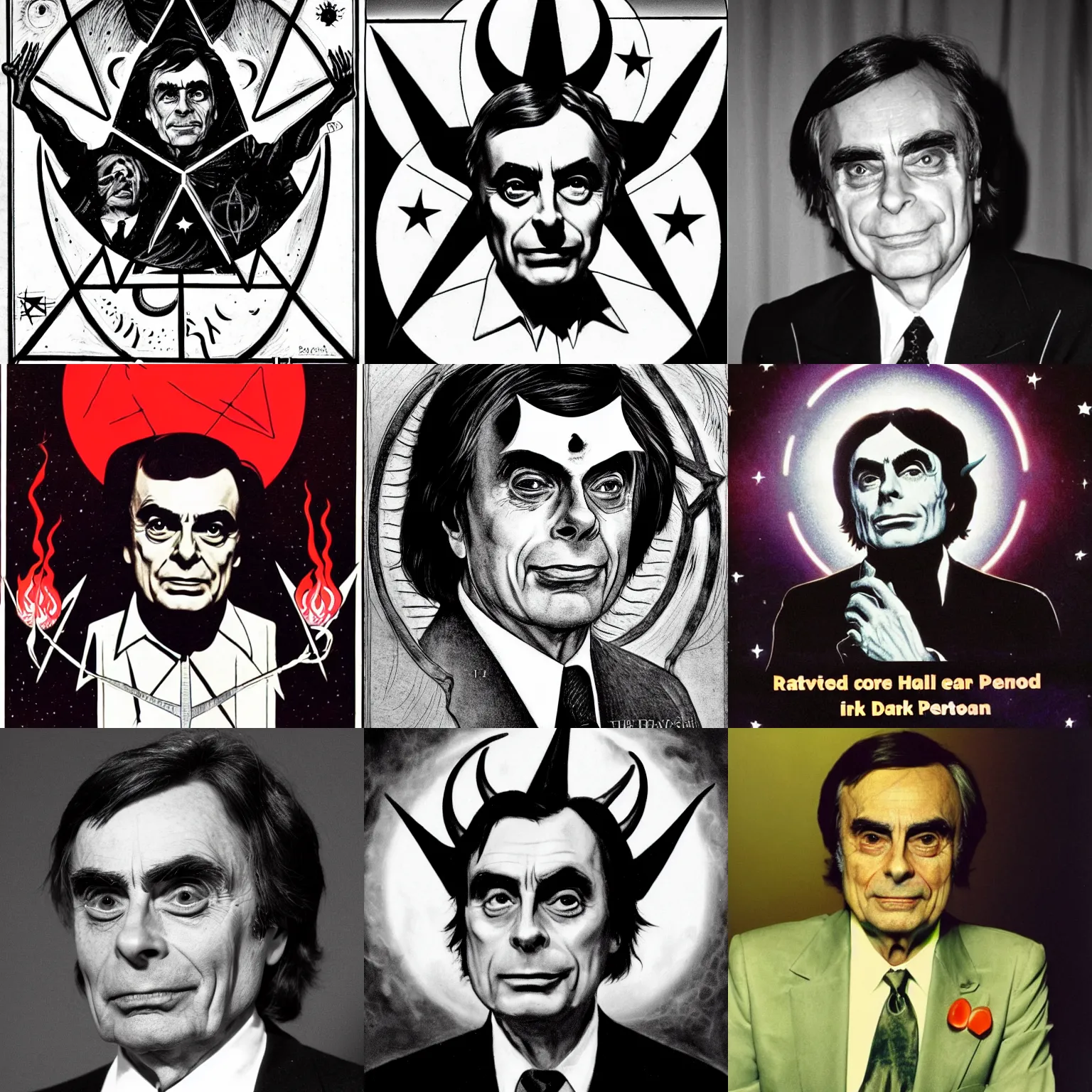 Prompt: Satanic Carl Sagan, Dark lord of Hell. Portrait. Evil personified. Upside Down Pentagram. horns. flames
