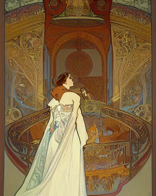 Image similar to painting by alphonse mucha, the interior of the opera house, in the depth of the hall there is an illuminated stage with a singer in a white dress, a palette of pastel colors