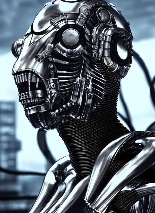 Prompt: META PUNK, DIGITAL FASHION, biopunk, metaverses, Guyver style, 3d, cinematic, hyper realism, high detail, octane render, 8k, chrome accents, art by Hans Giger