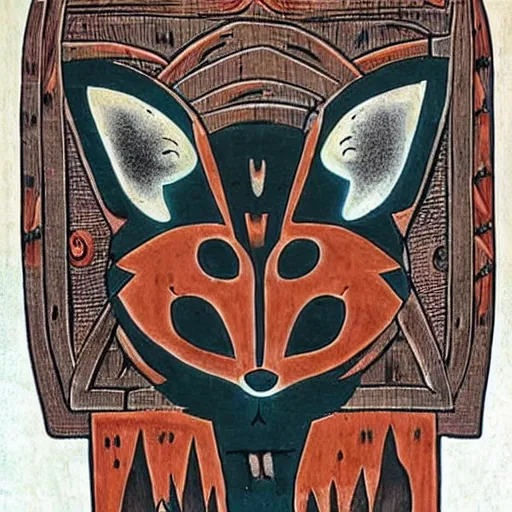 Image similar to Vulpine God of Trickery; An enormous fox with ancient glowing runes on its body and wearing a mask of wood resembling a fox's face