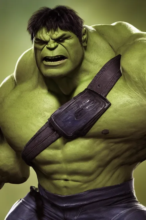 Image similar to hulk with a small anchovy head