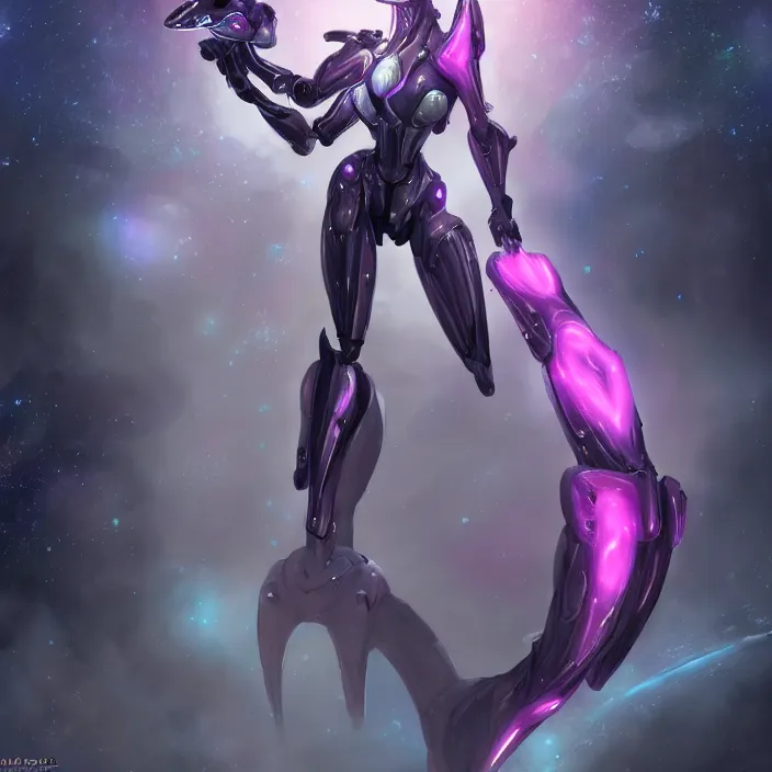 Image similar to cinematic shot, bust, cosmic sized perfectly proportioned stunning beautiful hot female warframe, anthropomorphic robot mecha female dragon, silver, fuschia leds, floating in empty space, nebula sized, holding a galaxy, epic proportions, epic size, epic scale, furry art, dragon art, giantess art, warframe fanart, furaffinity, deviantart