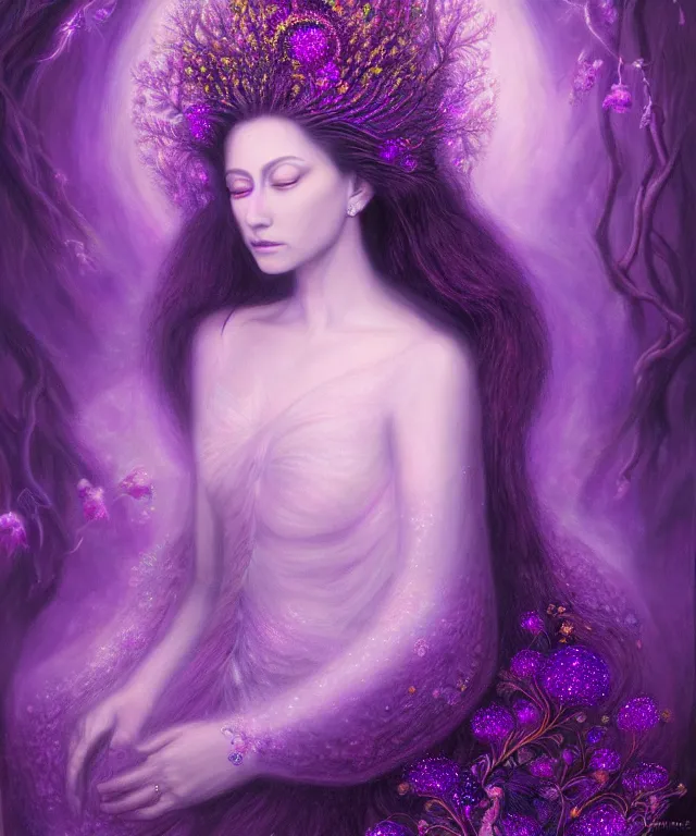 Image similar to ultra detailed, magical realism, portrait painting, of the beautiful empress within the enchanted purple forest, glowing purple, volumetric lighting, illusion, intricate details, by whitney sherman.