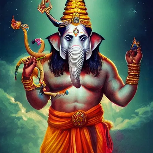 Prompt: lord shiva attaching an elephant head on a human subject, vivid and colorful, cinematic, highly detailed, artstation