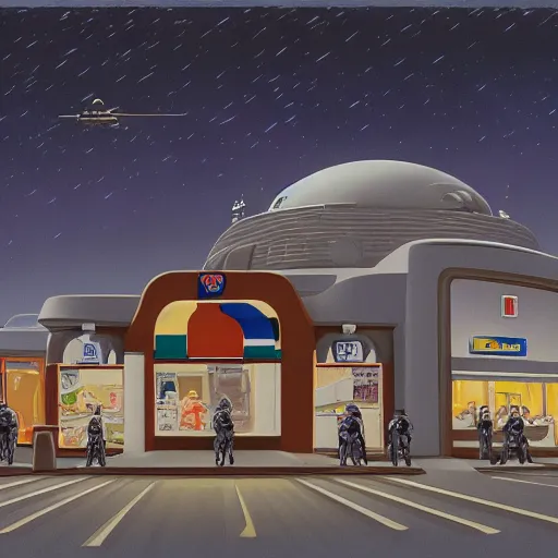 Image similar to intricately detailed ralph mcquarrie concept art of a futuristic mcdonalds with the golden arches displayed. a space station is seen off in the distance with various droids and people walking in the foreground. a trooper is seen holding a brown mcdonalds bag.