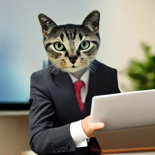 Image similar to realistic photo of an anthropomorphic cat wearing a business suit using a computer in an office