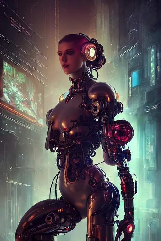 Image similar to ultra realistic, beautiful female cyborg in a crowded smoky cyberpunk club in space megalopolis, sci-fi, intricate details, eerie, highly detailed, octane render, 8k, art by artgerm and alphonse mucha and greg rutkowski