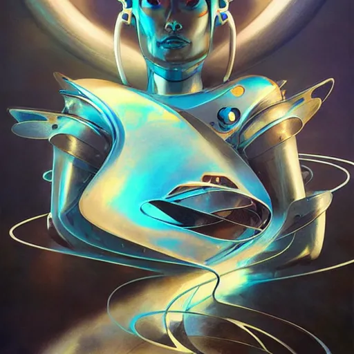 Image similar to scifi futurism automaton minimalism chrome by peter mohrbacher art Hajime Sorayama airbrush hyperrealism model abstract shatter fragments cubism futurism pastel blue soft flat minimal minimalism portrait face jackson pollock ukiyo-e lithograph mark ruthko swirl escape noise shimmer glow paint