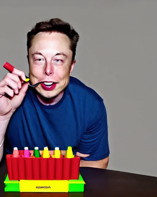 Prompt: a man eating crayons with a fork, elon musk, 4 k, high quality, crayons served on a plate