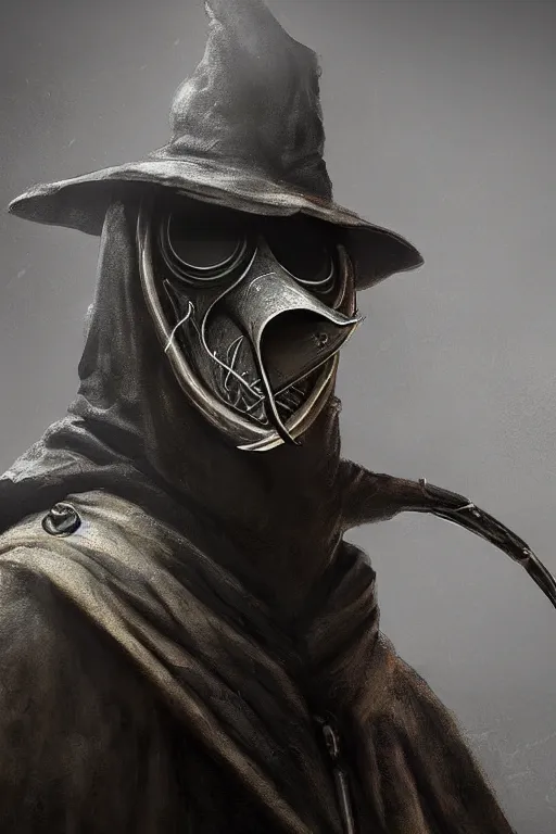 Image similar to A closeup of a Plague Doctor by Greg Rutkowski, Bloodborne, 4k photorealistic, volumetric lighting, HD, high details, dramatic, dark atmosphere, trending on artstation