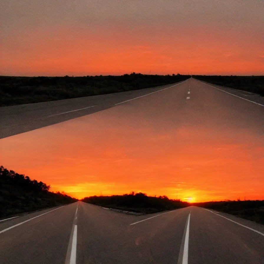 Prompt: a highway road leading to the horizon, the sunset is an anatomical heart