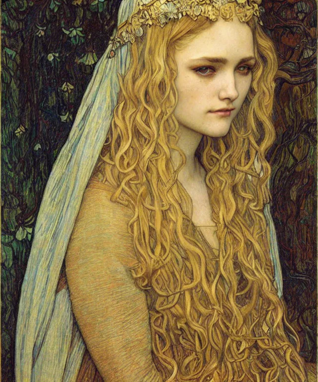 Image similar to detailed realistic beautiful young medieval queen face portrait by jean delville, alphonse mucha, vincent van gogh, and marco mazzoni, art nouveau, symbolist, visionary, gothic, pre - raphaelite