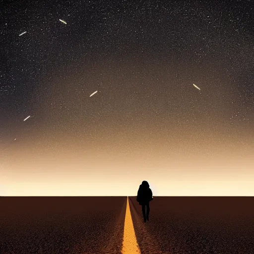 Prompt: silhouette of a person walking on a desert road under a beautiful starry sky, minimalist, Van Gogh style, wide shot, aesthetic, concept art, art station