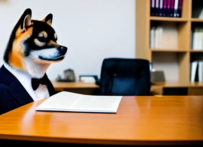 Prompt: photo of a real shiba inu dog wearing a suit and reading glasses, reading a document at a desk in his office. Highly detailed 8k. Intricate. Sony a7r iv 55mm. Award winning.