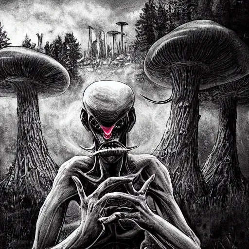 Image similar to 4 k headshot portrait of a psychedelic demonic anthropomorphic wendigo smoking a hand - rolled cigarette smoking heavily, magic mushroom village in background. award winning. superb resolution. in the art style of junji ito and greg rutkowski. detailed mushroom city in background. hyper realistic anime. perfect art. dalle 2