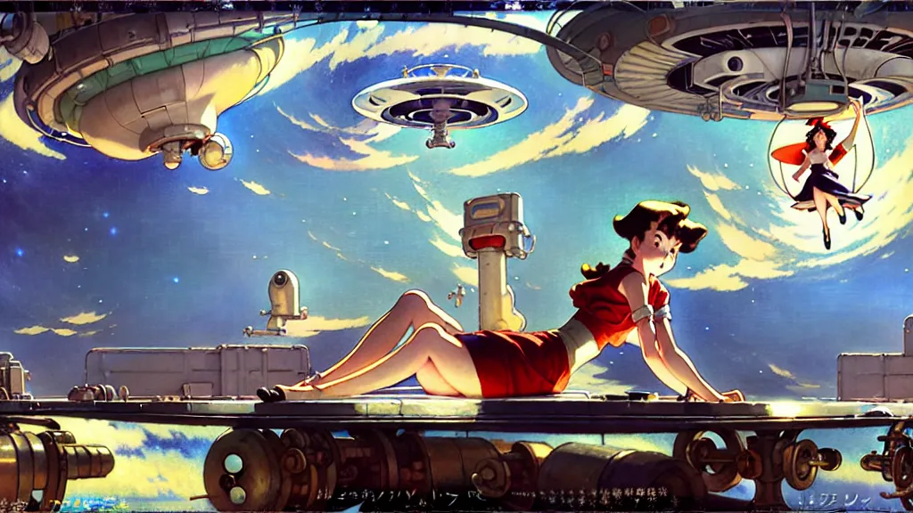 Prompt: a film still of a 1 9 5 0's mechanic anime girl sitting on top of flying ufo landing in hangar of giant ufo spaceship, 1 1 1, trending on pixiv fanbox, painted by gaston bussiere, makoto shinkai, akihiko yoshida, gaston bussiere, craig mullins