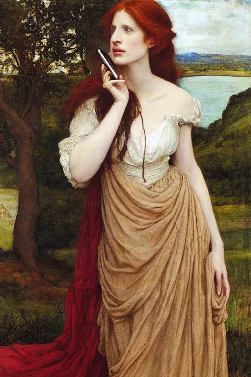 Image similar to a pre raphaelite painting of jessica chastain lazily looking at her iphone by dante gabriel rossett