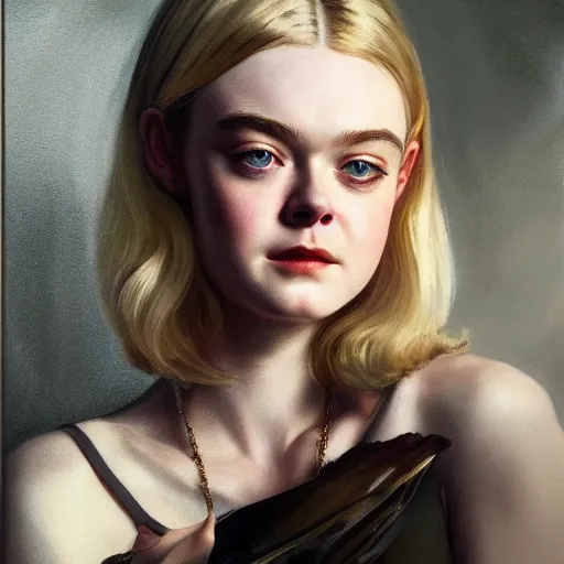 Prompt: ultra realistic medium shot portrait painting of elle fanning in prey, art by frank frazetta and j. c. leyendecker, 4 k, ultra realistic, highly detailed, epic lighting