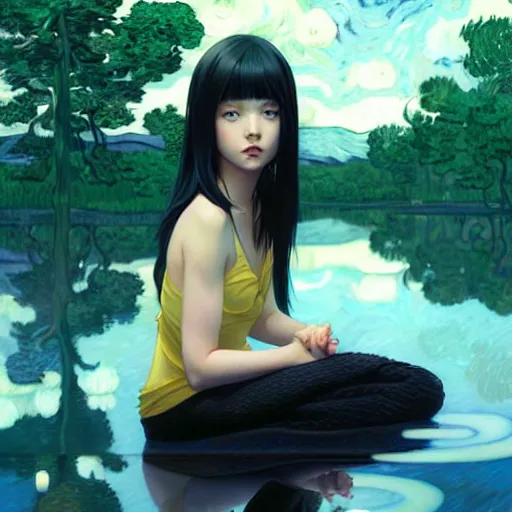 Image similar to very tiny girl by artgerm, green eyes and long black hair by ilya kuvshinov, sitting in a crystal clear lake painted by van gogh, rtx reflections, octane render 1 2 8 k, extreme high intricate details by wlop, digital anime art by ross tran, wide shot, composition by tom bagshaw, lighting by wlop